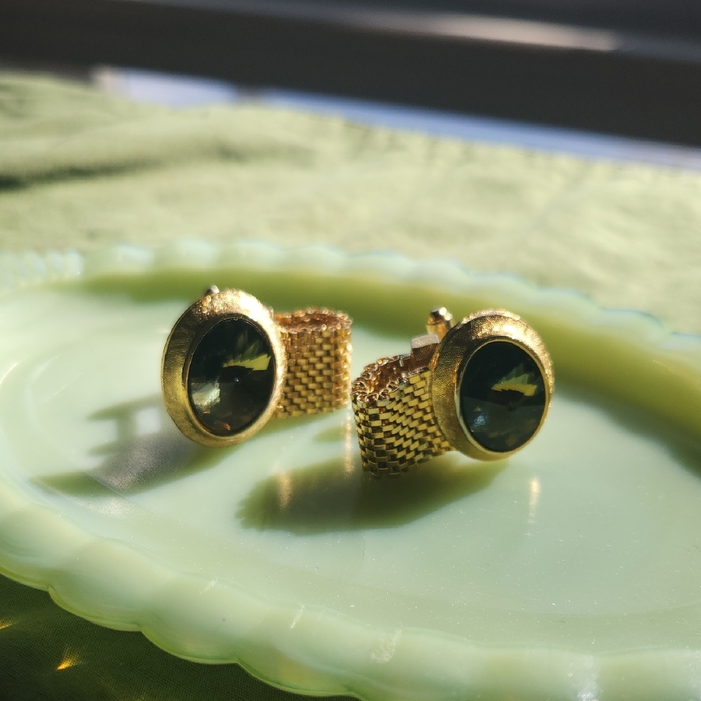 Vintage DANTE green Crystal Cufflinks Gold Tone Metal Prisms Luxury Look